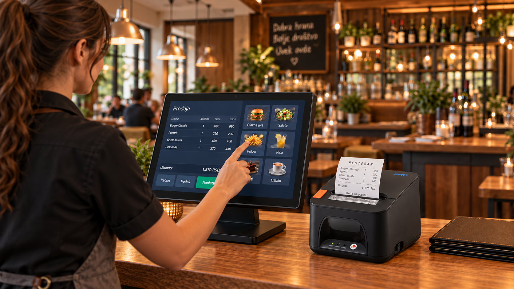Touch screen monitor i termalni štampač SPRT POS890E u restoranu