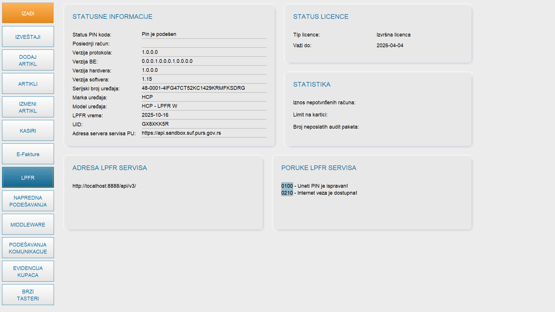 HCP POS LINK W status licence